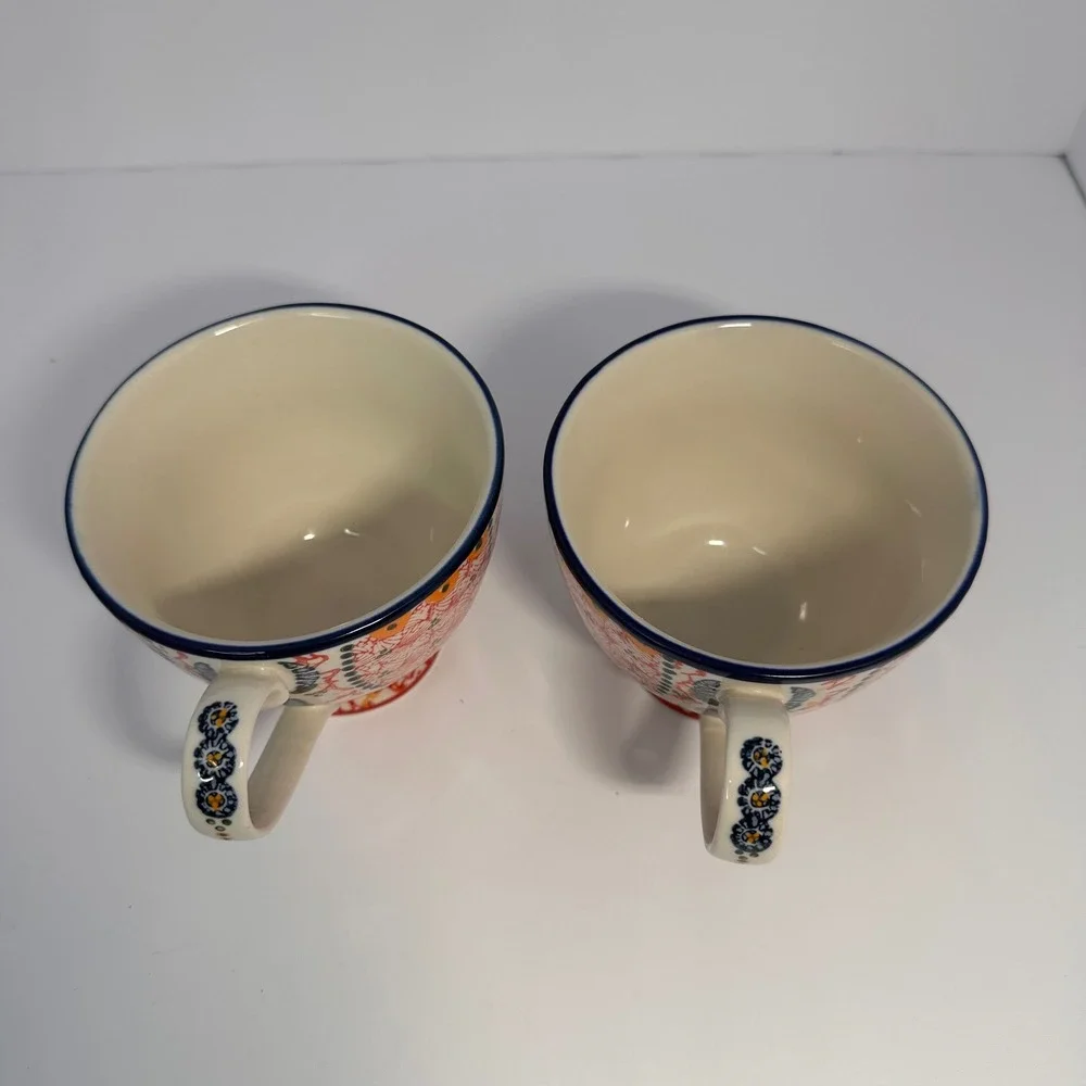 Anthropologie Bird Logo Footed‎ Mugs Set of 2 Multicolor Folk Art Ceramic Cups - Picture 4 of 6